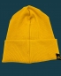 Preview: Hipster Beanie in der Farbe Senfgelb mit pinkem Label "Happiness is the best MAKE UP"