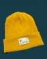 Preview: Hipster Beanie in der Farbe Senfgelb mit creme Label "Unikat mit Pusteblume"