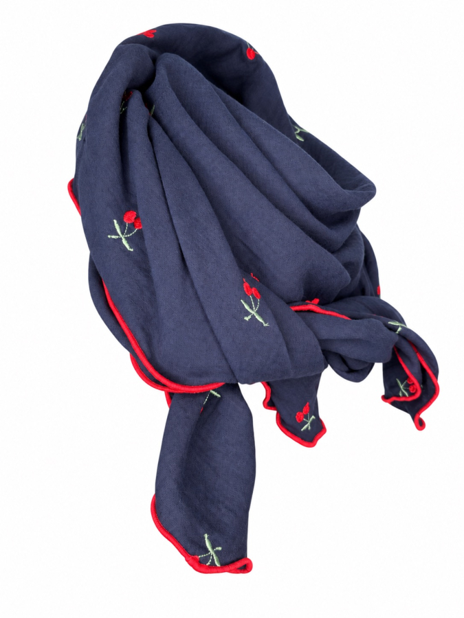 Preview: Musselin-Schal Damen Marineblau mit Kirschen 140 × 140 cm von OBERMUTTI
