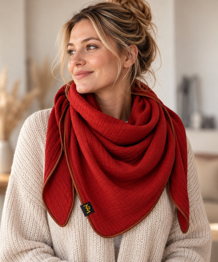 Musselin Schal Damen Rostrot 140 × 140 cm – Baumwollschal mit braunem Saum | OBERMUTTI