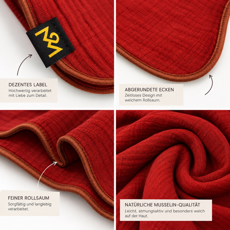 Preview: Musselin Schal Damen Rostrot 140 × 140 cm – Baumwollschal mit braunem Saum | OBERMUTTI