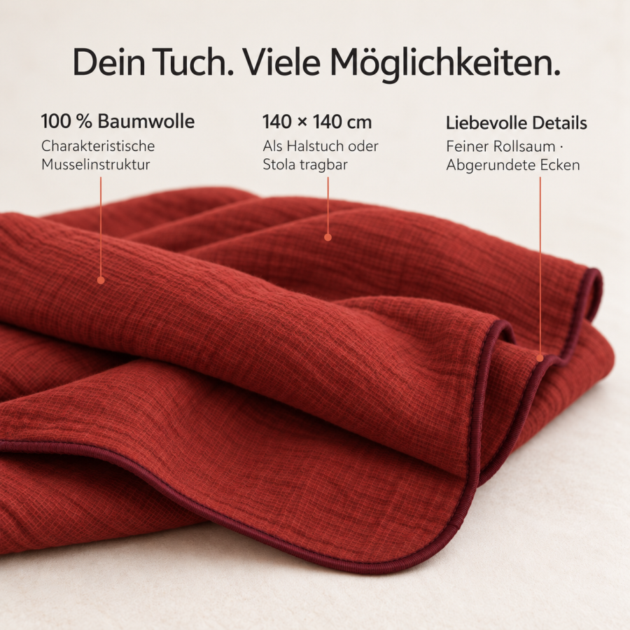 Musselin Schal Damen Rostrot 140 × 140 cm – Baumwollschal mit braunem Saum | OBERMUTTI