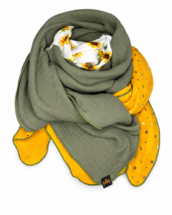 Musselin-Schal in Senfgelb und Olivgrün mit Sonnenblumen