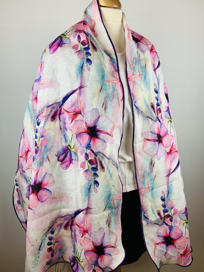 LEINEN Schal in der Farbkombination pink/ lila Blumen