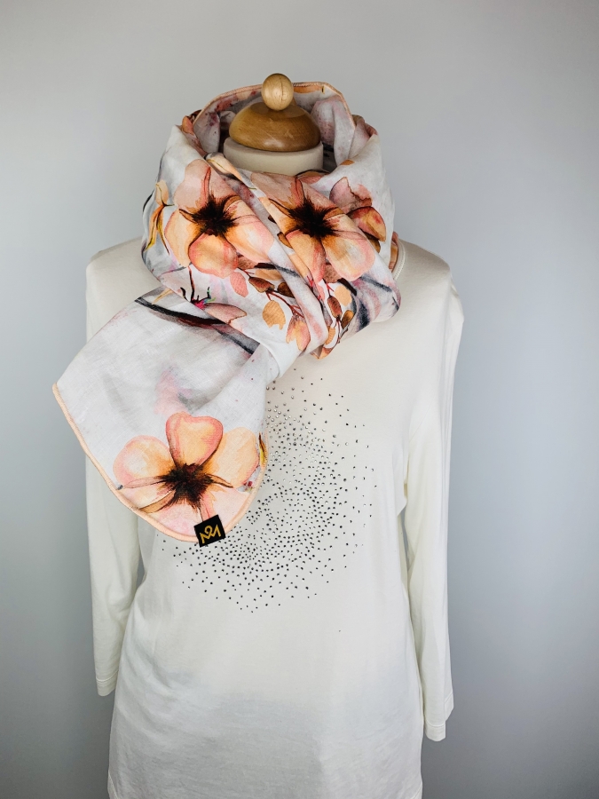 LEINEN Schal mit apricot farbenem Blumenprint