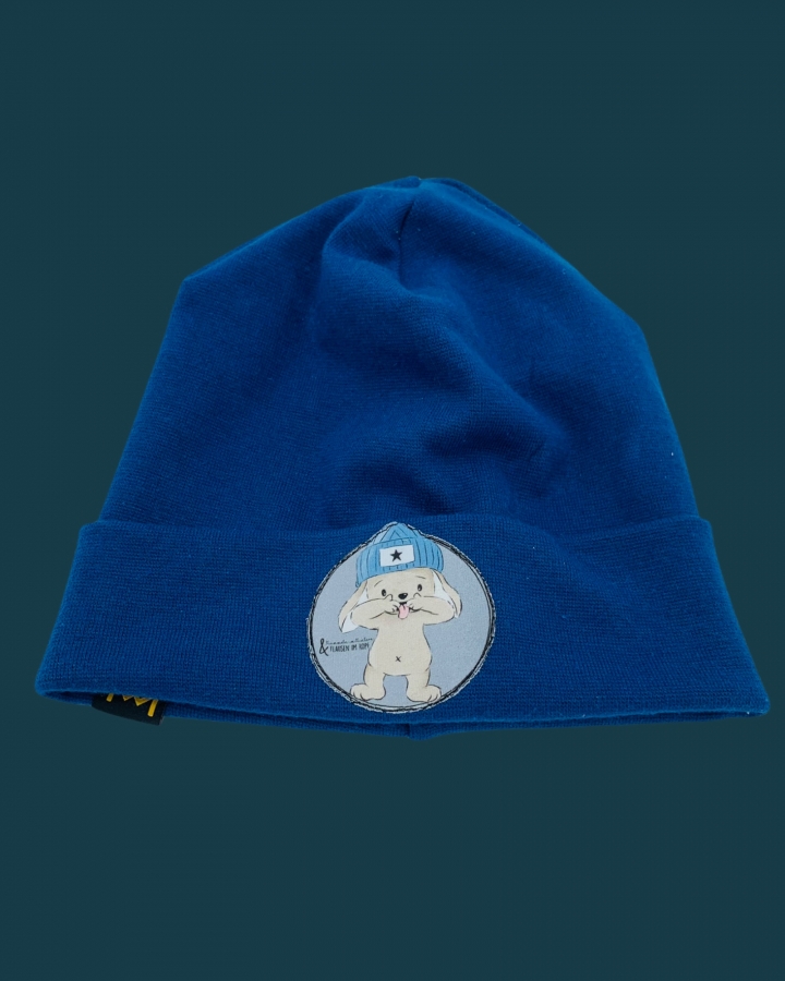 Hipster Beanie in der Farbe Kobaltblau mit hellblauem Label "Cool Rabbit"