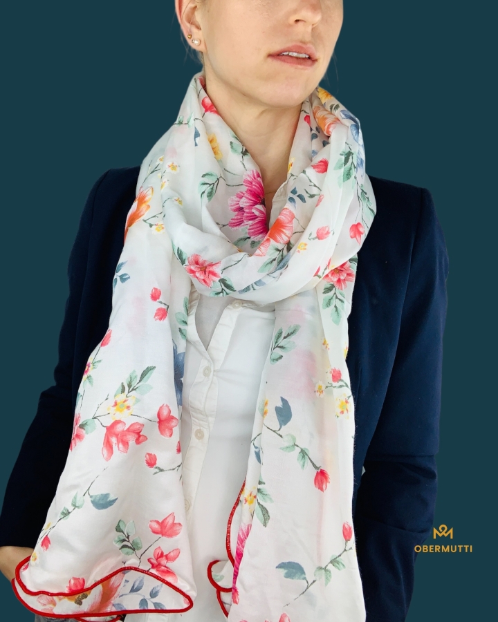 Preview: Schal aus Seide und Baumwolle in der Farbe Weiß mit Blumenprint