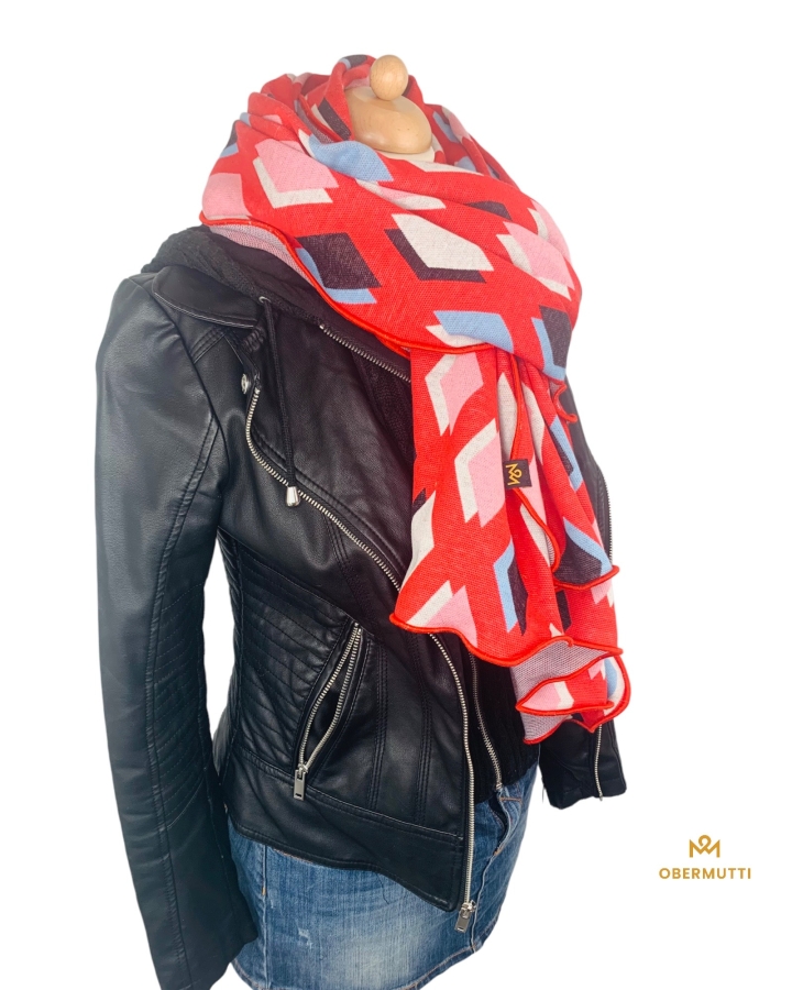 Preview: Schal aus Bio-Baumwolle mit farbigem Muster in rot