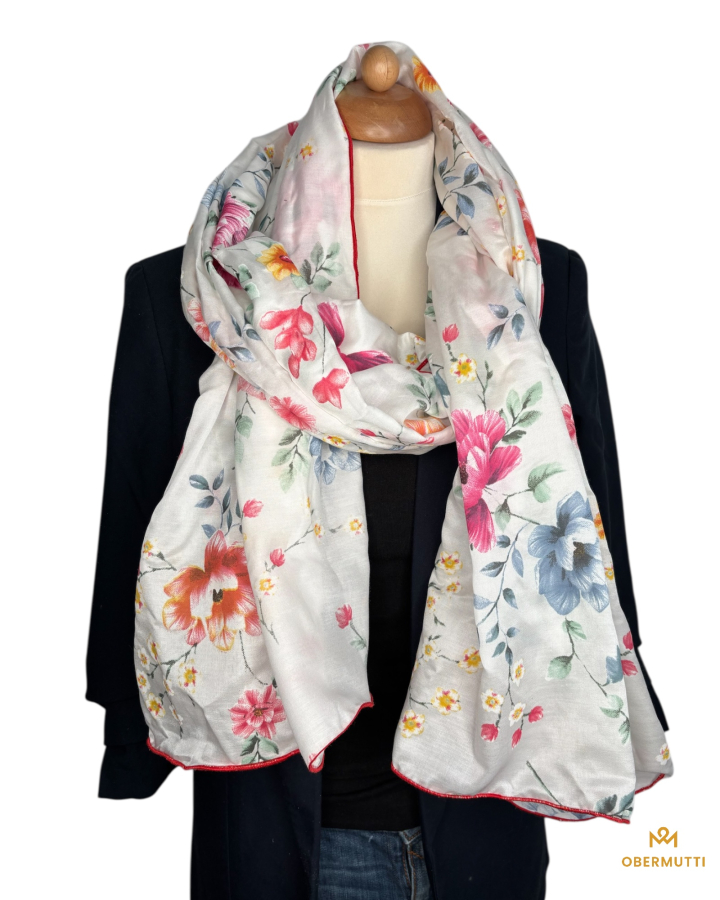 Preview: Schal aus Seide in den Farben Weiß mit Blumenmuster