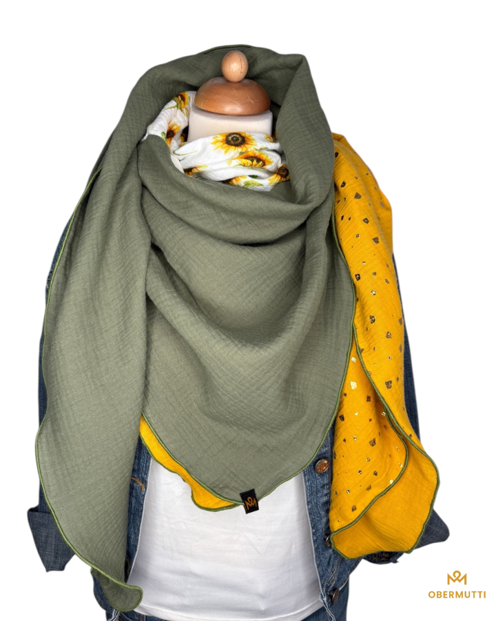 Preview: Schal aus Baumwolle in den Farben Senfgelb mit Glitzerfalkes, Olivegrün und weiß mit Sonnenblumen