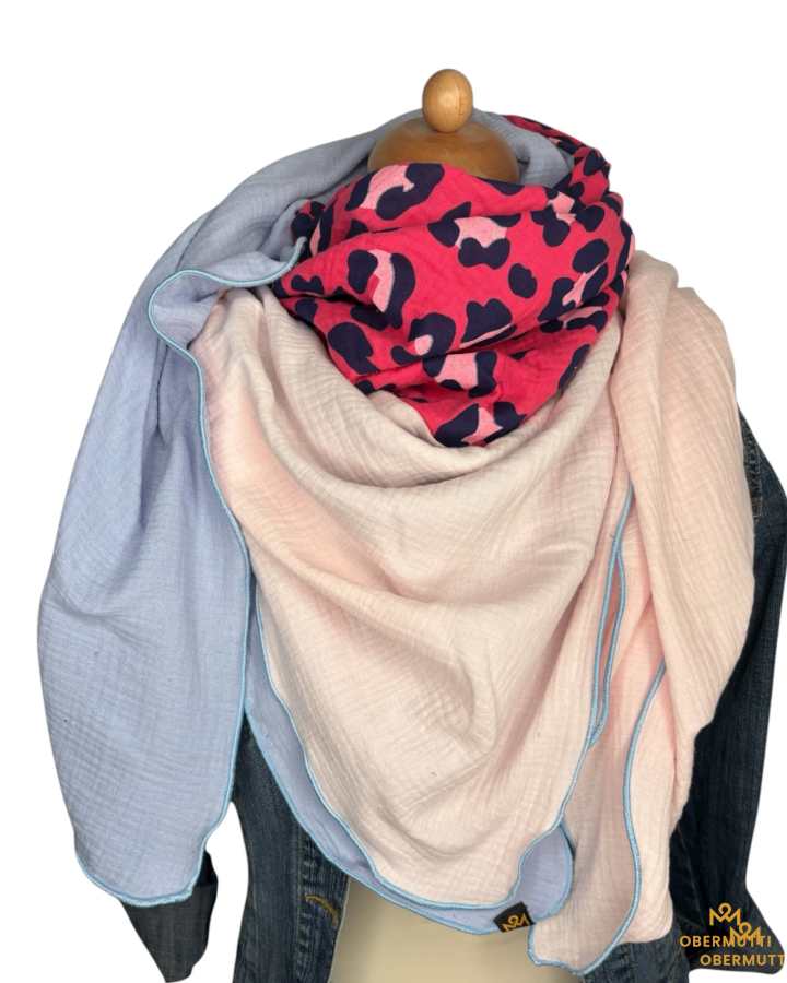Preview: Schal aus Baumwolle in den Farben Rosa, Hellblau und Pink Leo Muster