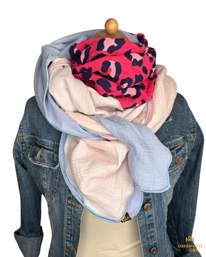 Preview: Schal aus Baumwolle in den Farben Rosa, Hellblau und Pink Leo Muster