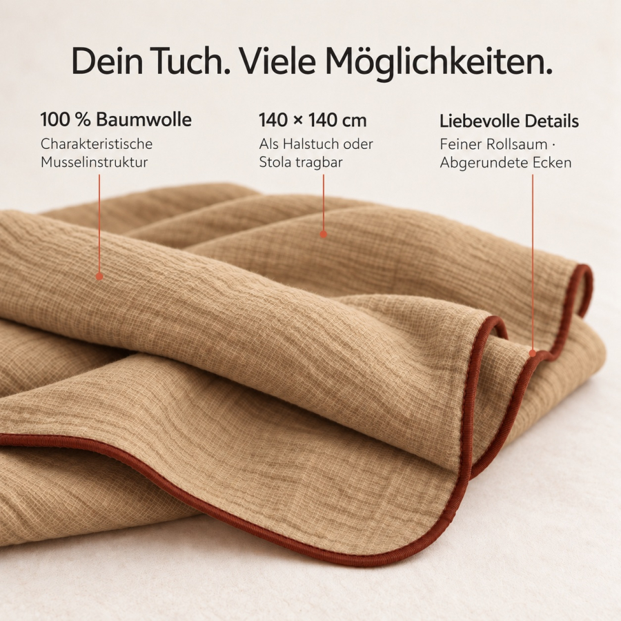 Beiger Large Fashion: 100 % Baumwolle, 140 × 140 cm, Rollsaum und abgerundete Ecken