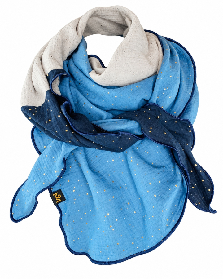 Schal aus Baumwolle in den Farben Blau, Marineblau mit goldenen Punkten und hellgrau mit Lochstickerei
