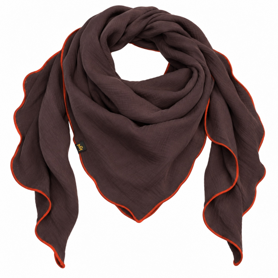 Dunkelbrauner Large Fashion Musselin-Schal mit rostorangem Rollsaum auf weißem Hintergrund