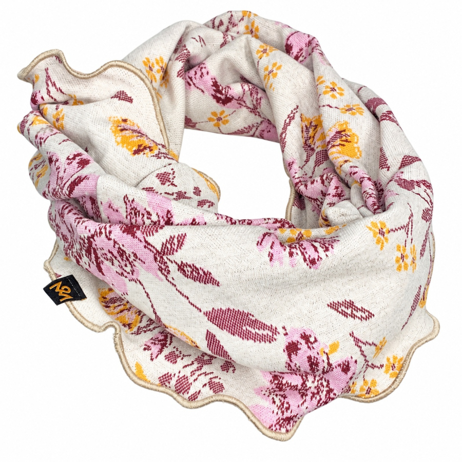 Schal aus Baumwolljaquard in den Farben Creme mit Rosa und Bordeaux Farbenem Blumenmuster