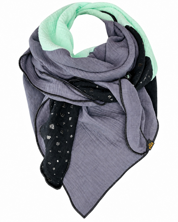 Schal aus Baumwolle in den Farben Schwarz Glitzerflakes, Mint und Grau