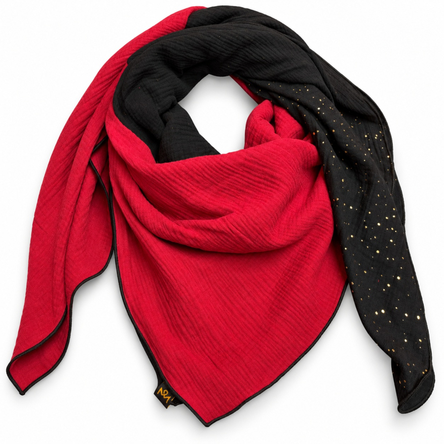 Dreifarbiger Large Fashion Musselin-Schal mit Rot im Vordergrund, Schwarz und Goldpunkten