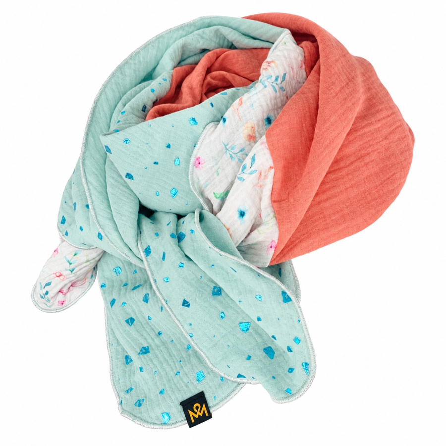 Schal aus Baumwolle in den Farben Mint Glitzerflakes, Lachs und Cremeweiß Blumenprint
