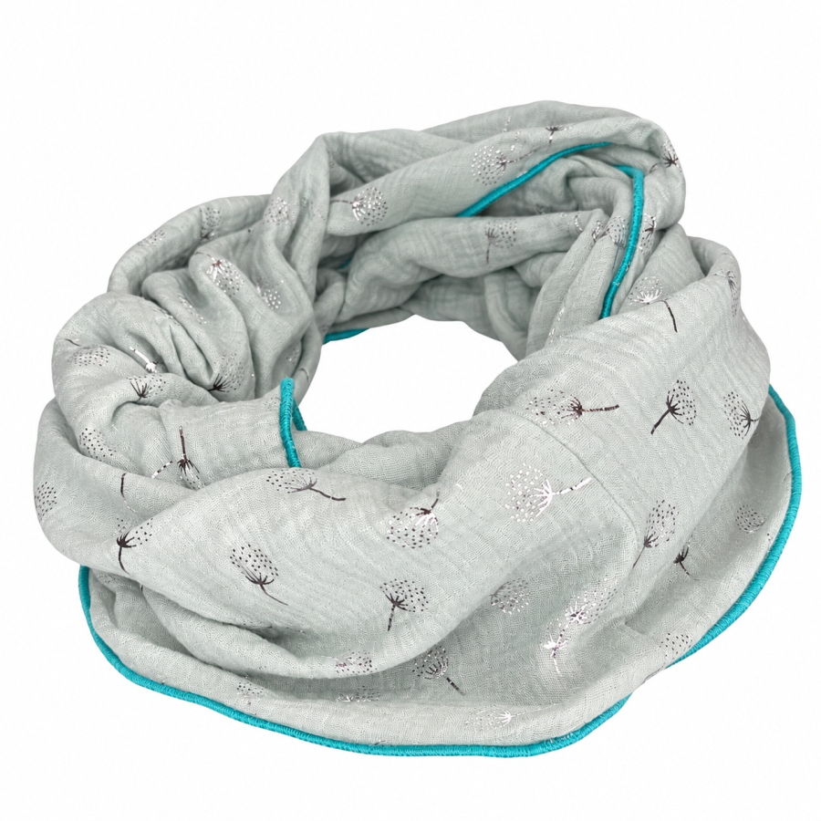 Loop-Schal Mint mit silbernen Pusteblumen – freigestellt auf Weiß