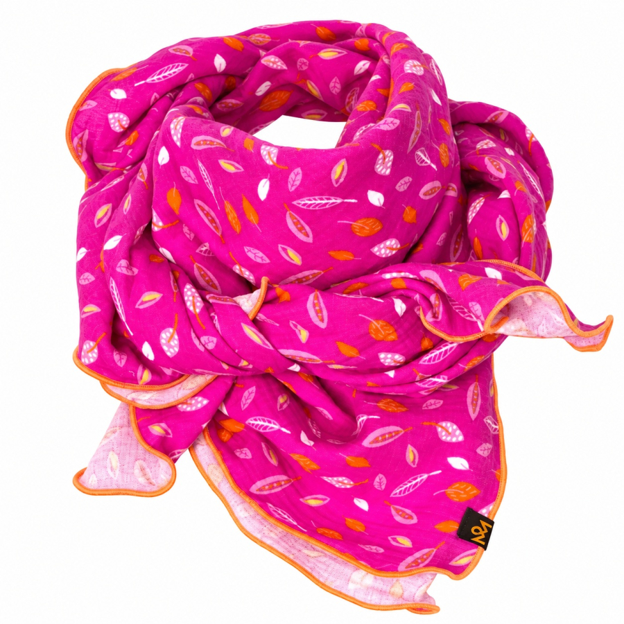 Schal aus Baumwolle in der Farbe Pink mit orangenem Blätter Muster