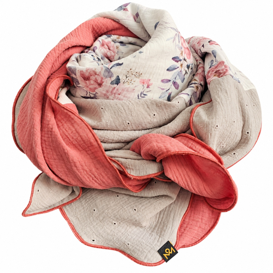 Musselin-Schal Damen Altrosa, Blumen & Lochstickerei 140 × 140 cm von OBERMUTTI