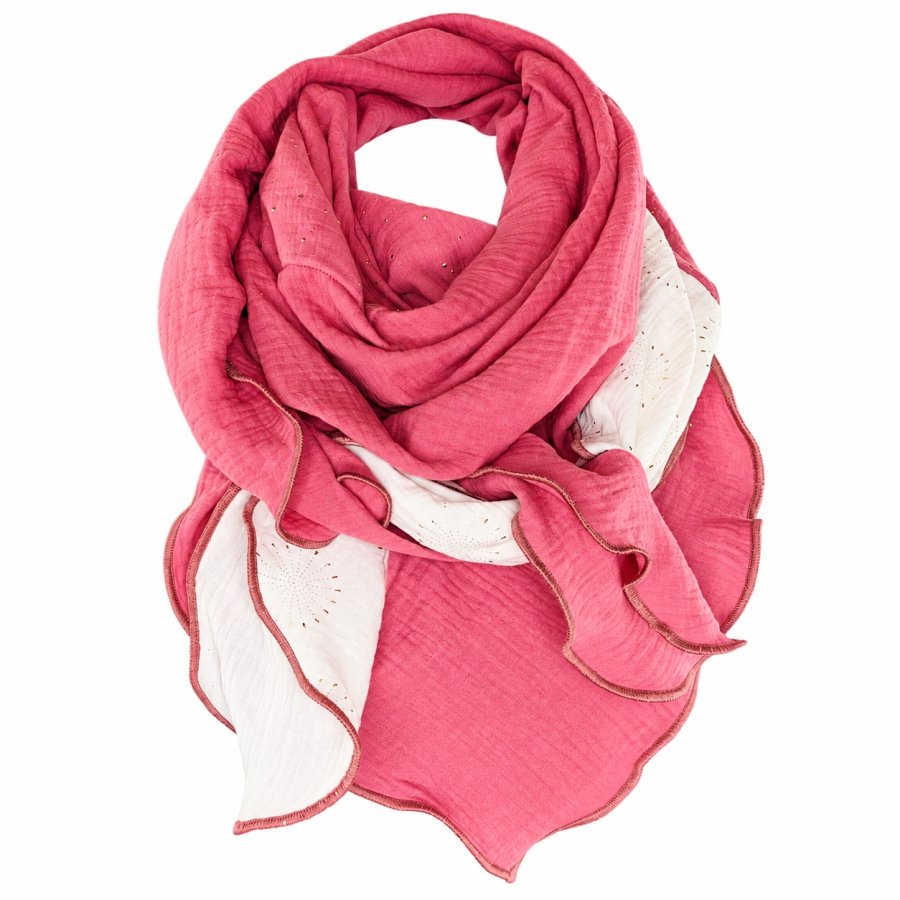 Schal aus Baumwolle in den Farben Rosa, Rosa mit goldenen Punkten und Weiß mit goldenen Pusteblumen