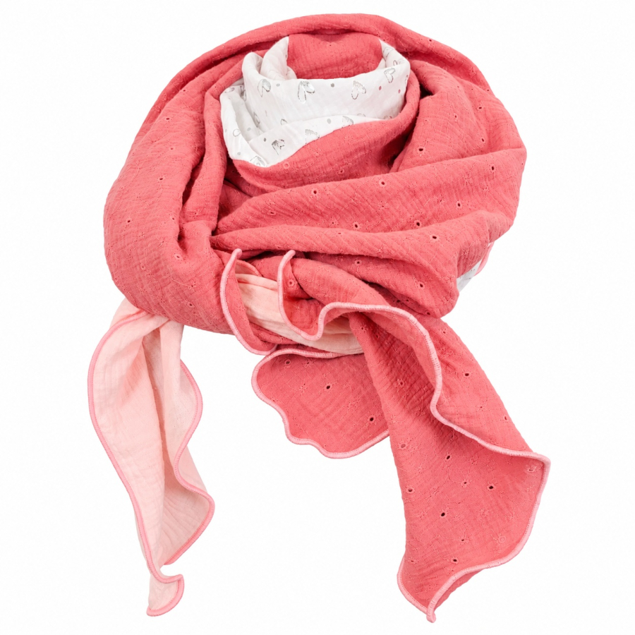 Schal aus Baumwolle in den Farben Altrosa Lochstickerei, weiß mit silbernen Herzchen und rose