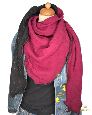 Schal aus Baumwolle in den Farben Bordeaux Rot und schwarz mit goldenen Punkten