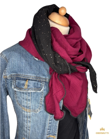 Schal aus Baumwolle in den Farben Bordeaux Rot und schwarz mit goldenen Punkten