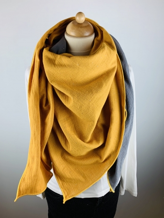 Schal aus Baumwollmusselin in grau mit goldenen Tropfen und ocker mit silbernen Tropfen
