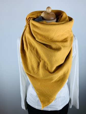Schal aus Baumwollmusselin in grau mit goldenen Tropfen und ocker mit silbernen Tropfen