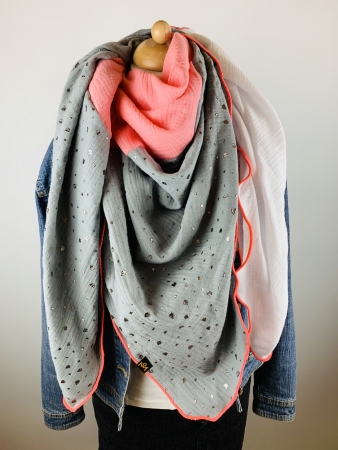 Schal aus Baumwollmusselin in grau mit Glitzer Flakes, apricot und weiß