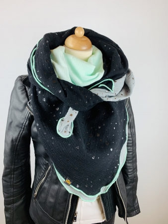 Schal aus Baumwollmusselin in mint, schwarz und grau mit Glitzer Flakes