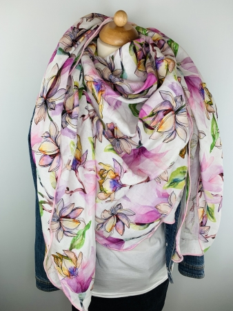 LEINEN Schal mit lila, rosa und grünen LilienPrint im Large Fashion Style