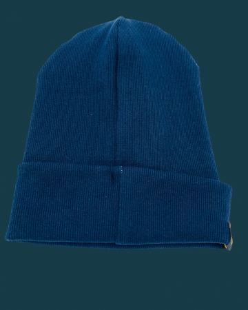 Hipster Beanie in der Farbe Dunkelblau mit grauem Label "Handle with Care"