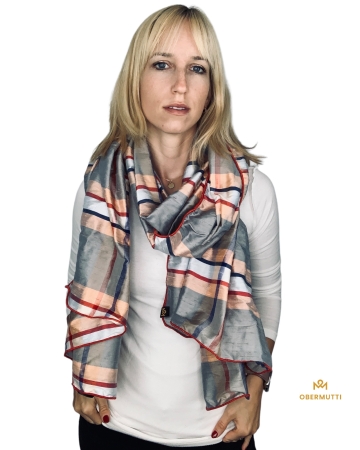 Schal aus Seide in den Farben Creme, Apricot, Rot, Marineblau gestreift