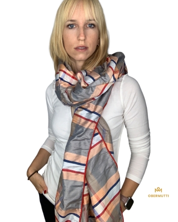 Schal aus Seide in den Farben Creme, Apricot, Rot, Marineblau gestreift