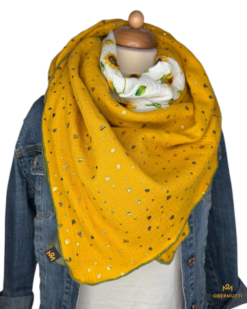 Schal aus Baumwolle in den Farben Senfgelb mit Glitzerfalkes, Olivegrün und weiß mit Sonnenblumen