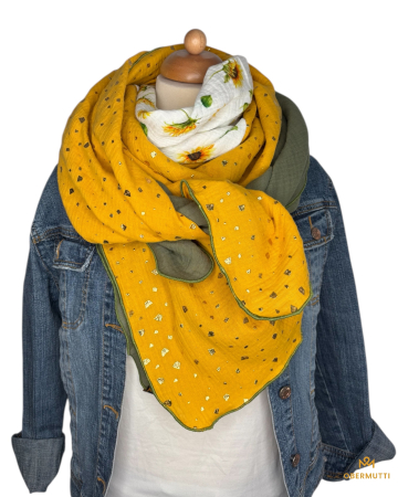 Schal aus Baumwolle in den Farben Senfgelb mit Glitzerfalkes, Olivegrün und weiß mit Sonnenblumen