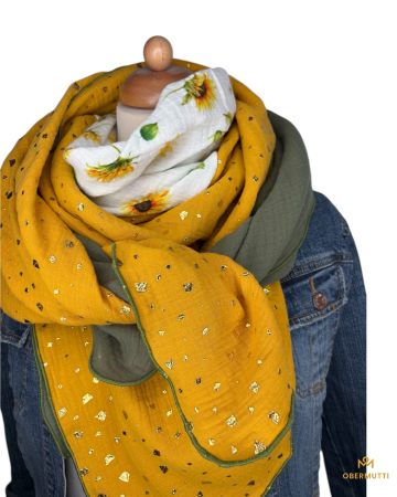 Schal aus Baumwolle in den Farben Senfgelb mit Glitzerfalkes, Olivegrün und weiß mit Sonnenblumen