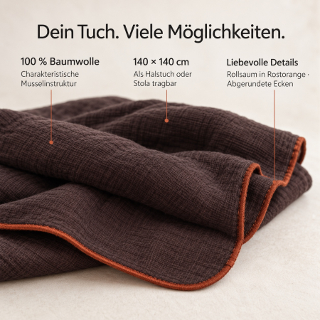 Produktinformationen: 100 % Baumwolle, 140 × 140 cm, Rollsaum in Rostorange