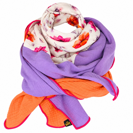 Schal aus Baumwolle in den Farben Lila, Orange und Weiß Blütenprint