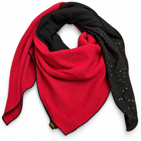 Dreifarbiger Large Fashion Musselin-Schal mit Rot im Vordergrund, Schwarz und Goldpunkten