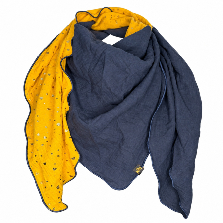 Schal aus Baumwolle in Dunkelblau und Gelb mit goldenen Glitzerflakes
