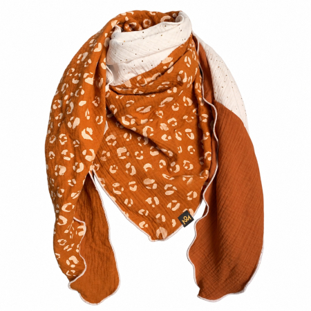 Schal aus Baumwolle in braun mit weißem Leoparden Muster, Creme mit goldenen Punkten und Braun