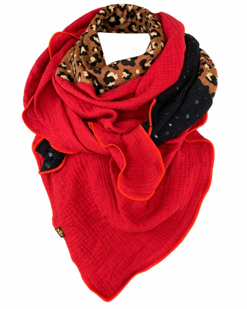 Schal aus Baumwolle in den Farben Rot, Braun Leoprint und Schwarz Glitzerflakes
