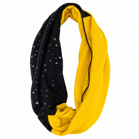 Schal aus Baumwolle in den Farben Schwarz mit Glitzerflakes und Senfgelb