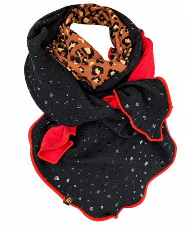 Schal aus Baumwolle in den Farben Schwarz Glitzerflakes, Braun Leoprint und Rot