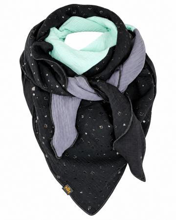 Schal aus Baumwolle in den Farben Schwarz Glitzerflakes, Mint und Grau